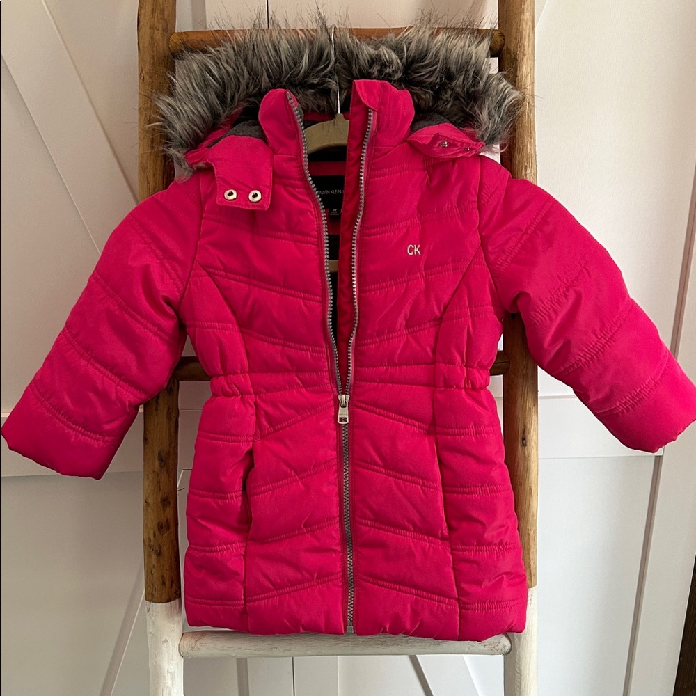 Calvin Klein Fuchsia Quilted Jacket with Faux Fur Trim